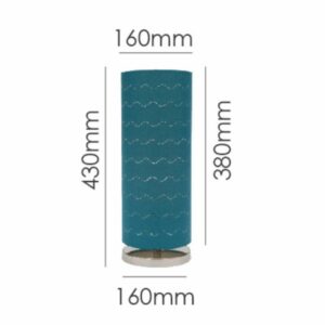 LLT Vardy Blue table lamp featuring teal blue cylindrical shade with delicate laser cut wave pattern on chrome base