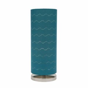 LLT Vardy Blue Table Lamp with chrome nickel base and bold teal blue laser cut wave cylindrical shade