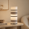 LLT Vardy Bronze Table Lamp with polished chrome base and silver and white striped cylindrical shade