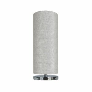 LLT Vardy Grey Table Lamp with polished nickel base and soft grey cylindrical fabric shade