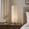 LLT Vardy Linen Table Lamp with polished chrome nickel base and warm natural linen cylindrical shade