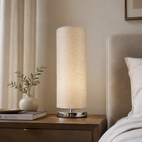 LLT Vardy Linen Table Lamp with polished chrome nickel base and warm natural linen cylindrical shade