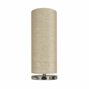 LLT Vardy Linen Table Lamp with polished chrome nickel base and warm natural linen cylindrical shade