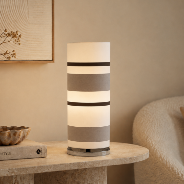 LLT Vardy Silver Table Lamp with polished chrome base and silver and white striped cylindrical shade