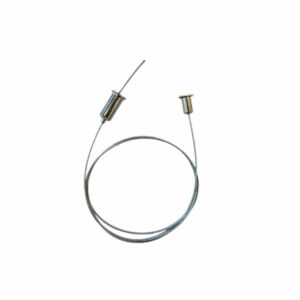 Wire suspension kit showing two stainless steel cables with nickel plated ceiling mount and fixture attachment hardware on white background