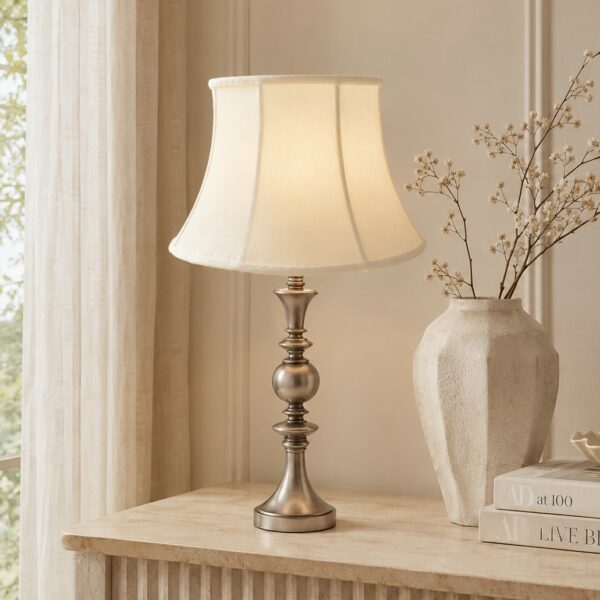 LLT Callia Pewter Kiki Table Lamp with sculpted pewter spindle base and elegant off-white bell shade