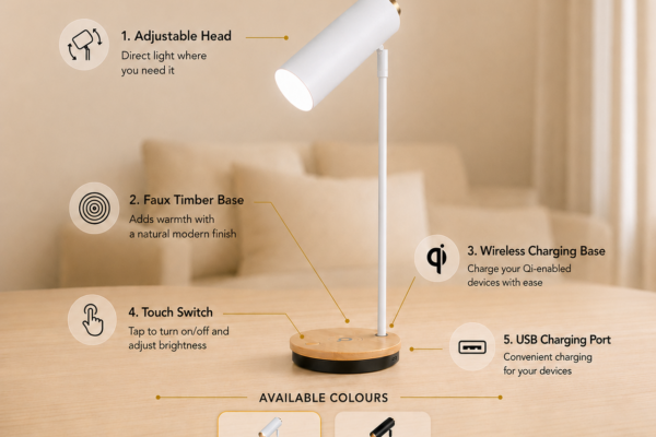 LLT Torcia white wireless charging table lamp with faux timber base