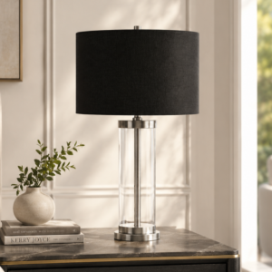 LLT Empire Silver Black Table Lamp with brass finish and glass cylinder base and bold black linen drum shade