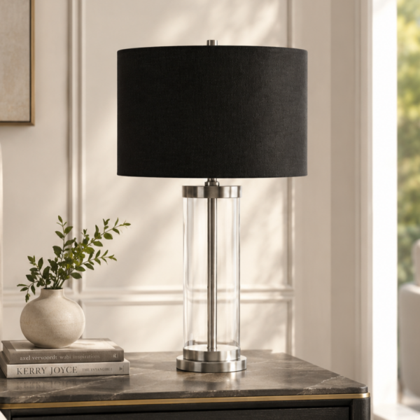 LLT Empire Silver Black Table Lamp with brass finish and glass cylinder base and bold black linen drum shade