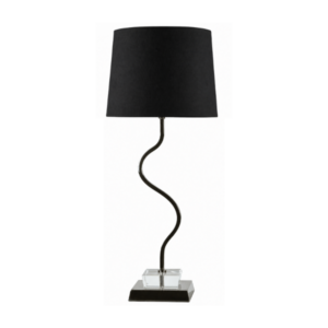 LLT Faiz Black Table Lamp styled on console table in glamorous contemporary interior with dark accent tones