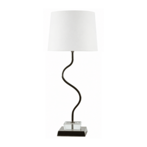 LLT Faiz White Table Lamp close up of clear crystal square base with chrome stem rising from centre