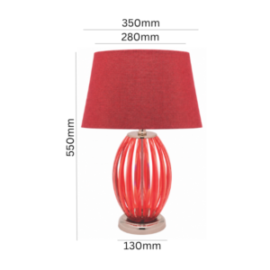 LLT Jimmy Red Linen Table Lamp close up showing oval red acrylic cage base with vertical rib detail and polished chrome base ring