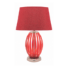 LLT Jimmy Red Linen Table Lamp with sculptural red acrylic oval cage base, chrome accents and red linen tapered shade against white background