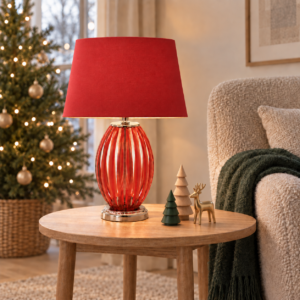 LLT Jimmy Red Linen Table Lamp styled on bedside table in bold contemporary bedroom interior with red accent tones