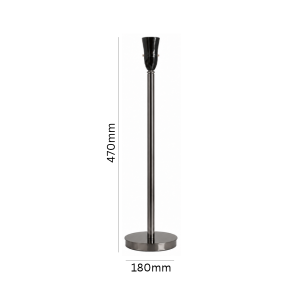 LLT Flynn Black Chrome Table Lamp Base with slim black chrome stem and round base at 470mm tall showing dimensions against white background