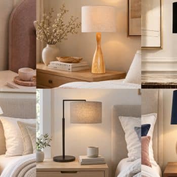 Table lamps framing a bed in a styled furniture showroom