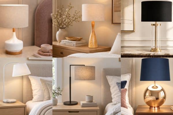 Table lamps framing a bed in a styled furniture showroom