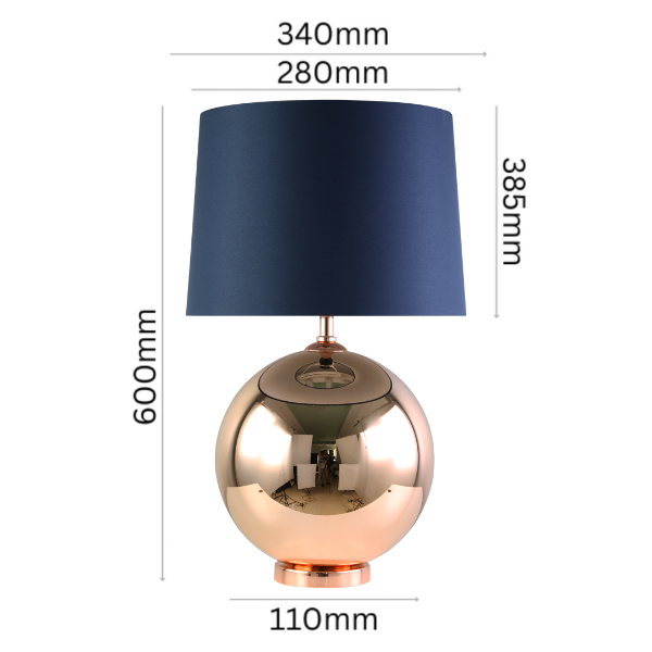 Modern copper table lamp featuring a navy round tapered shade
