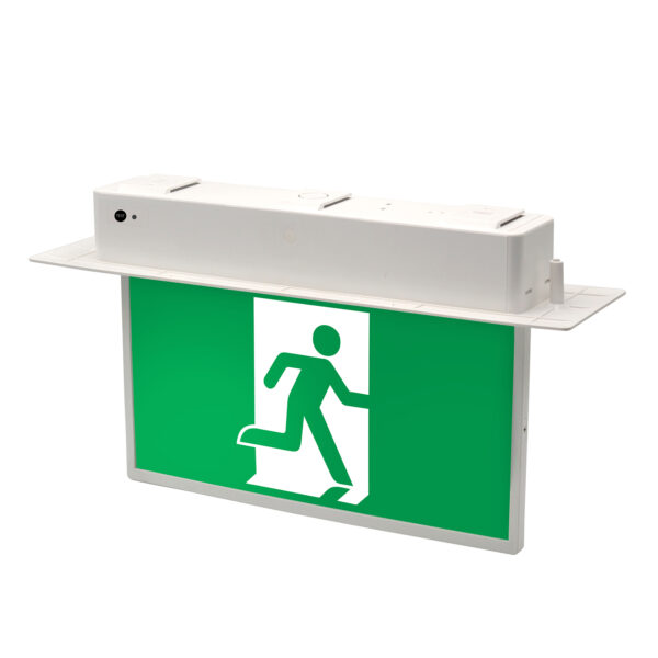 Recessed slimline LED exit light with running man sign and 24m viewing distance