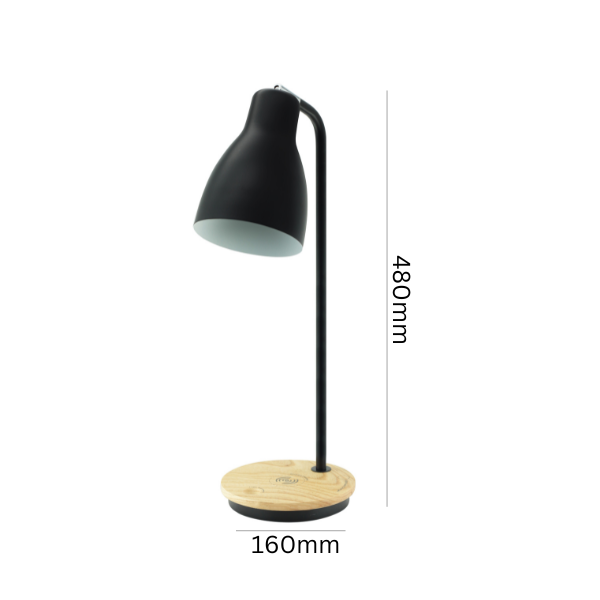 Black LED desk lamp with wireless charging and USB port
