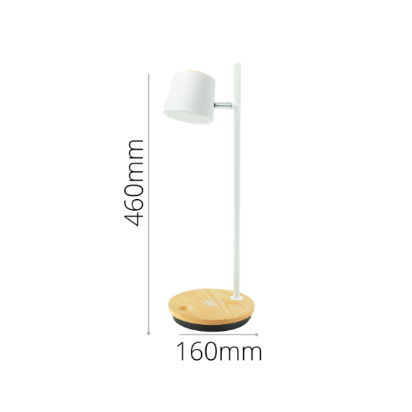Modern white desk lamp with wireless charging and USB power port